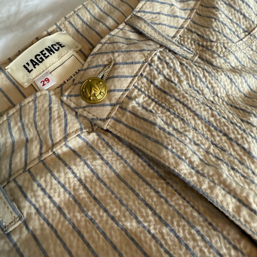 L'AGENCE Beige and Blue Striped Cotton/Linen Pant
